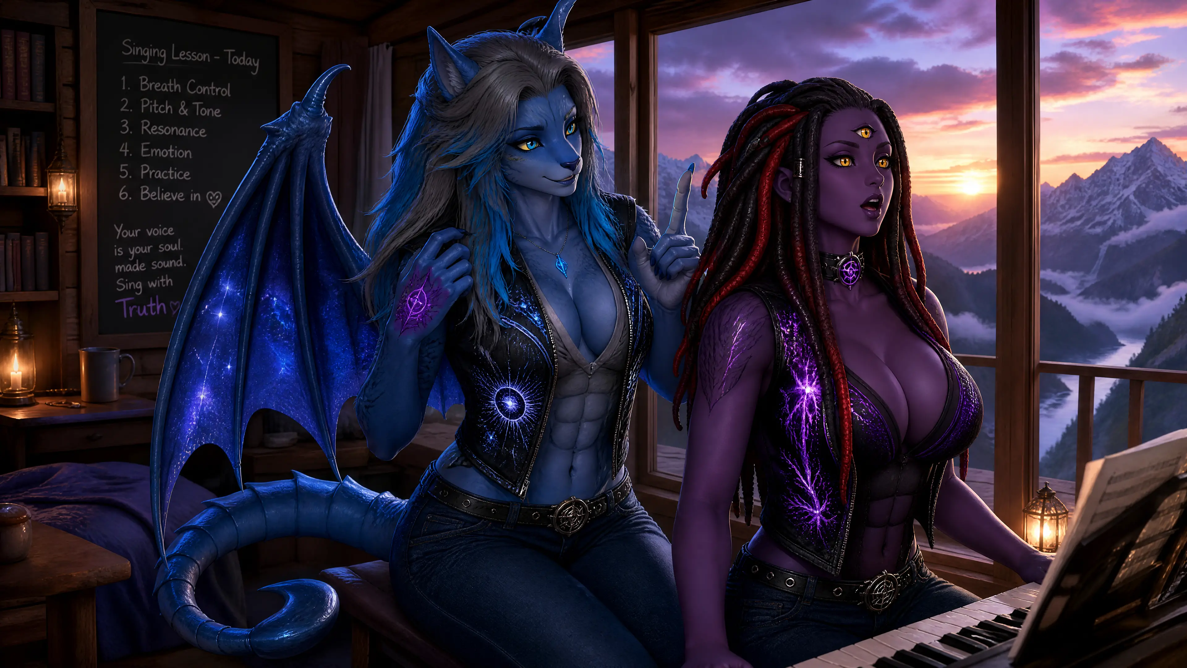 Fantasy lion anthro woman teaching her eldritch wife to sing