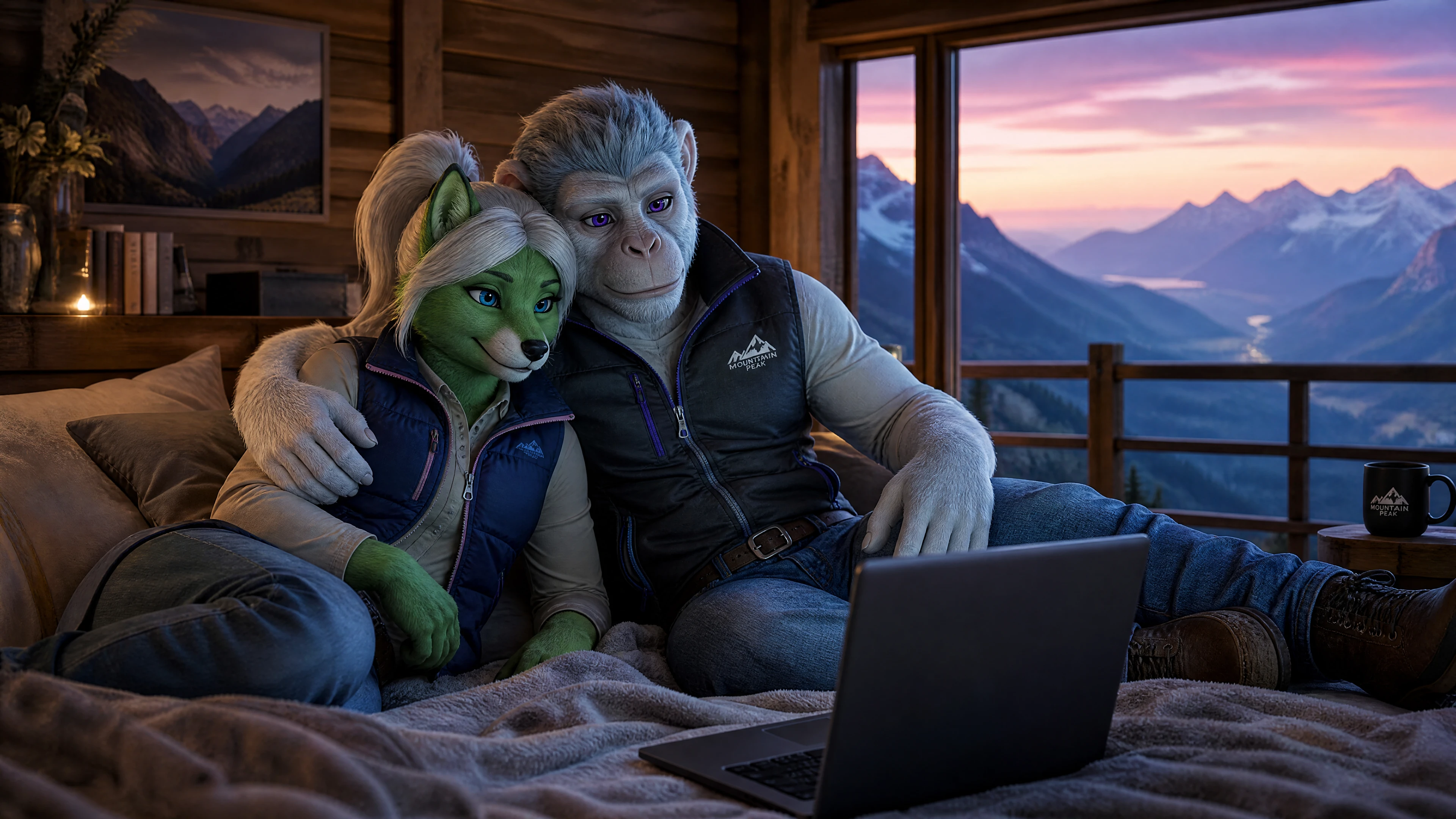 Pareja anthro viendo una película en el portátil juntos en la cama