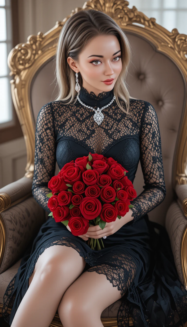 Elegant anime woman with roses in a black lace dress