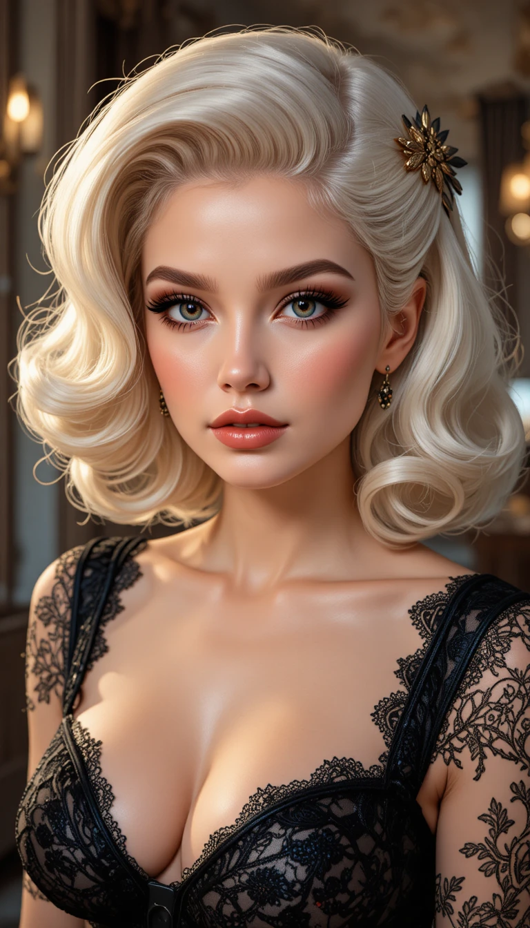Mulher pin up moderna com vestido de renda preta em estilo anime