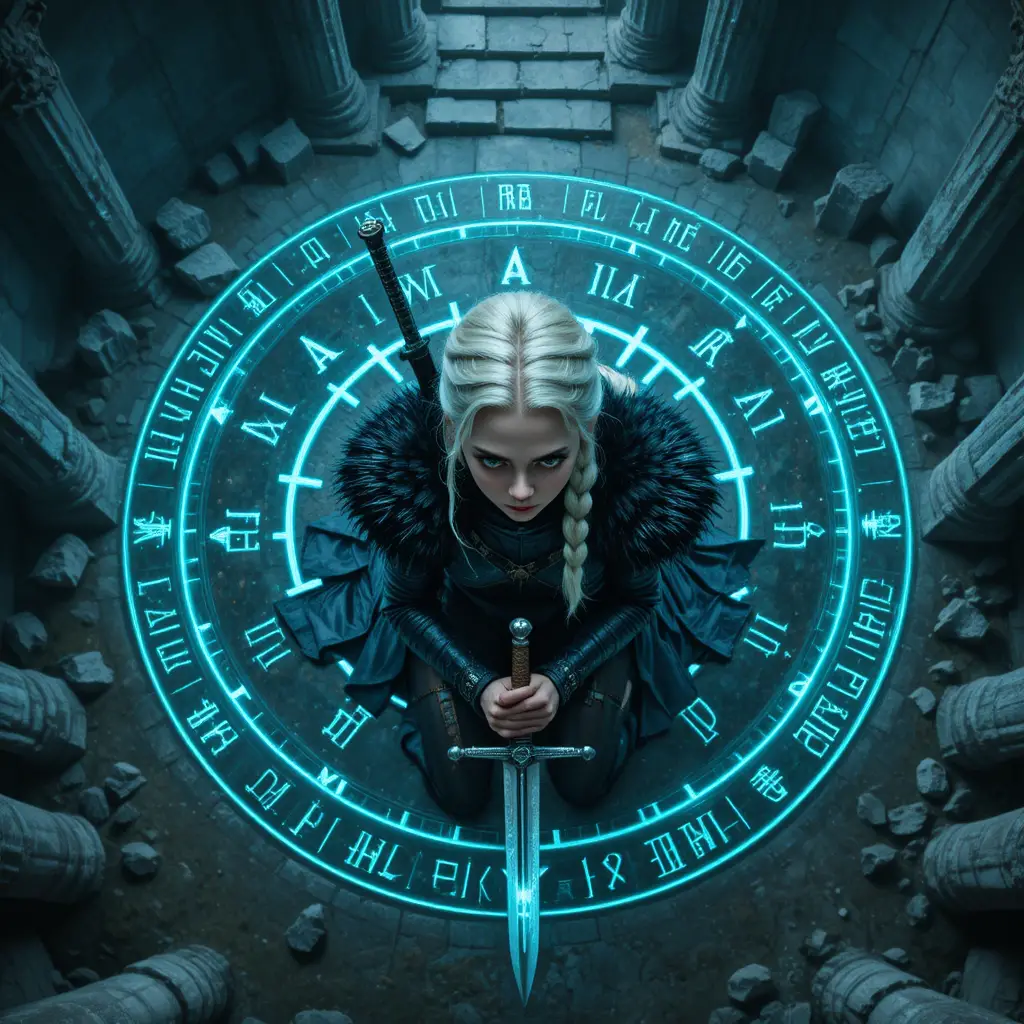 Female warrior kneeling in glowing magical circle