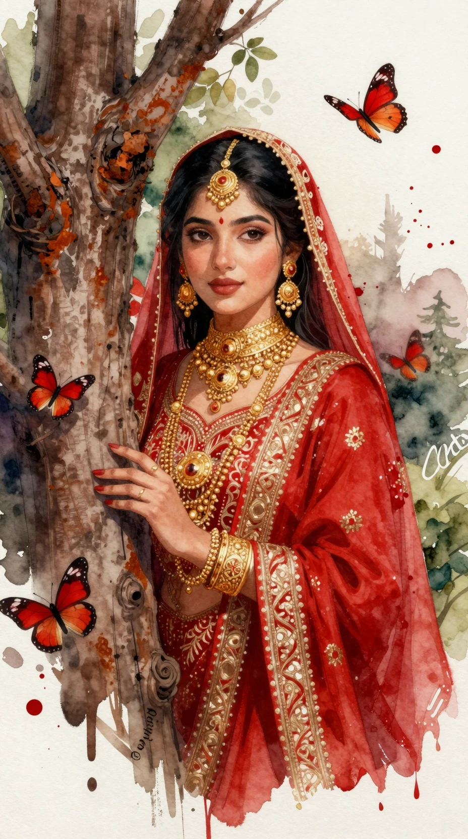 Watercolor portrait of a girl in red behind a tree