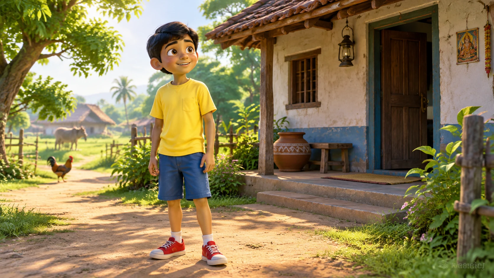 Menino indiano curioso em vila, em frente à sua pequena casa
