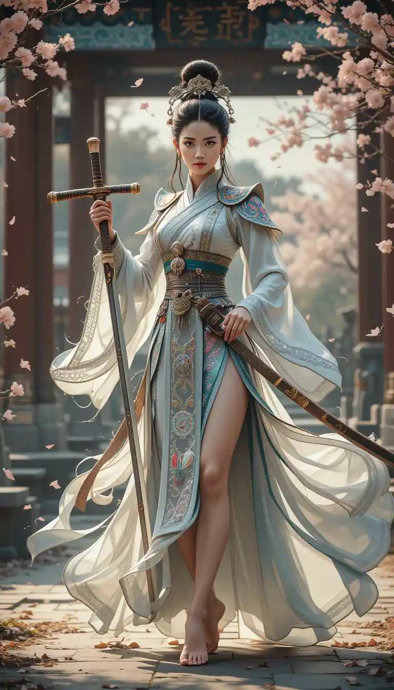 Graceful Chinese warrior woman in flowing temple courtyard