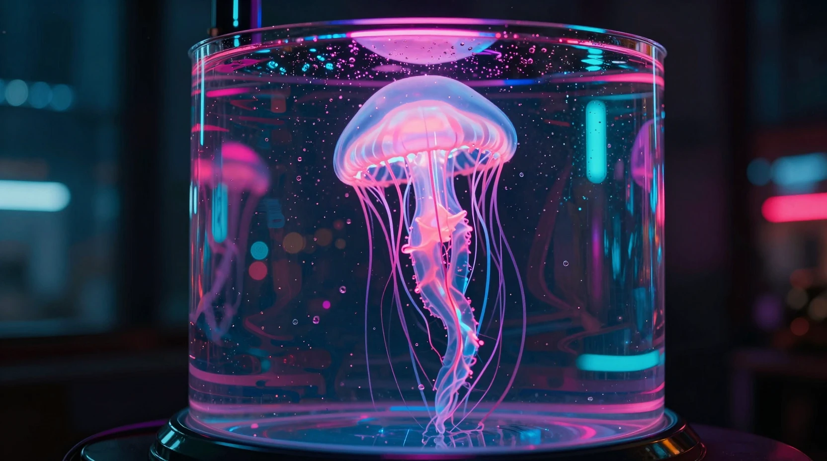 夜晚玻璃水族箱中發光的霓虹水母