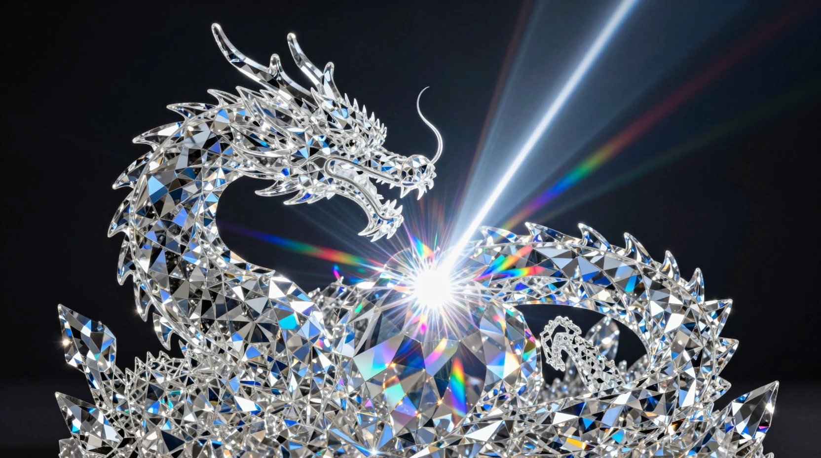 Drago di cristallo che rifrange un singolo raggio in luce arcobaleno