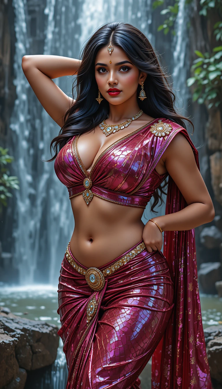 Mulher indiana em saree brilhante posando com o braço levantado