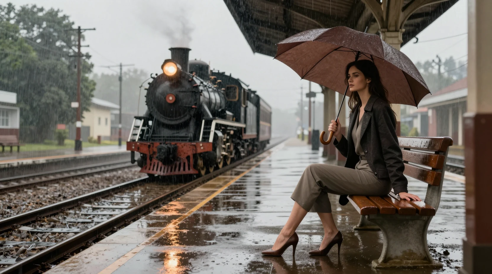 Mulher esperando com guarda-chuva em plataforma de trem chuvosa
