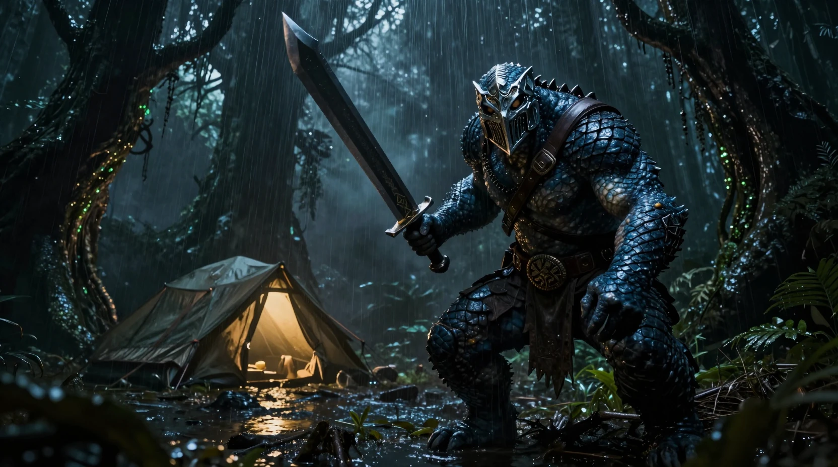 暗いエイリアンの熱帯雨林の夜に潜む獣の戦士