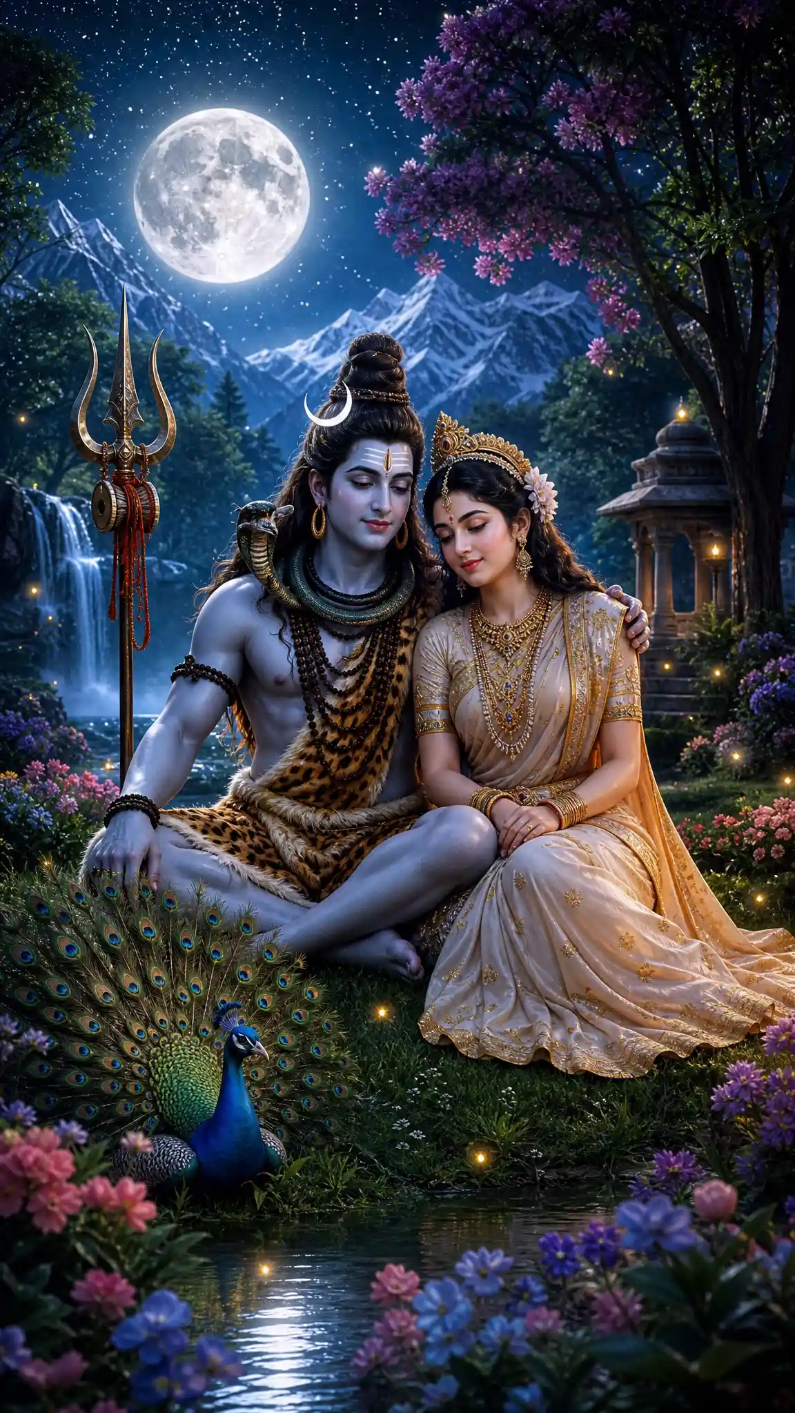 Divine couple resting in a moonlit Himalayan garden