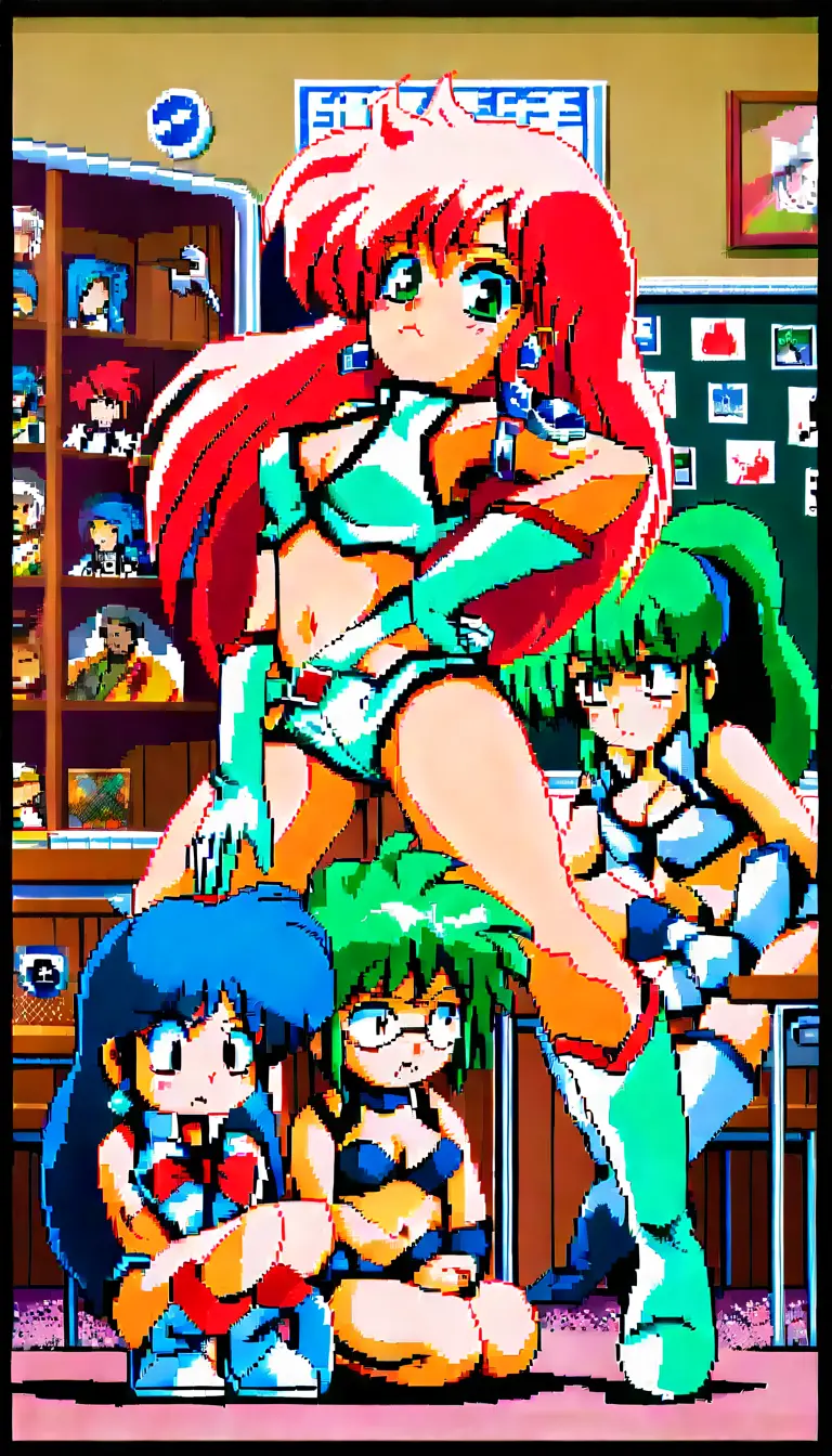 レトロなドット絵で描かれた教室のアニメ少女