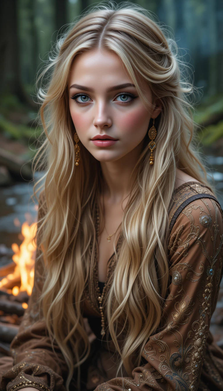 Young gypsy woman by a forest campfire at night