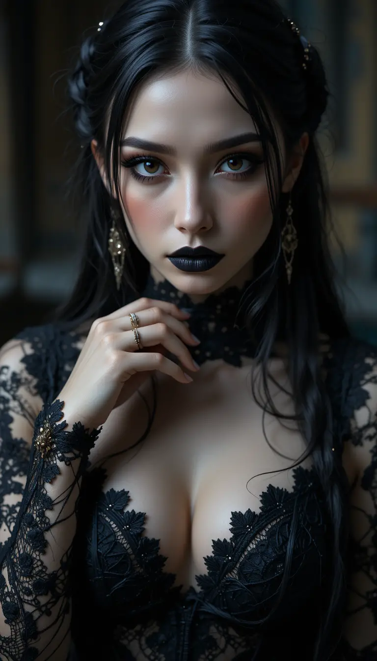 Gothic woman portrait with black lace and intense gaze
