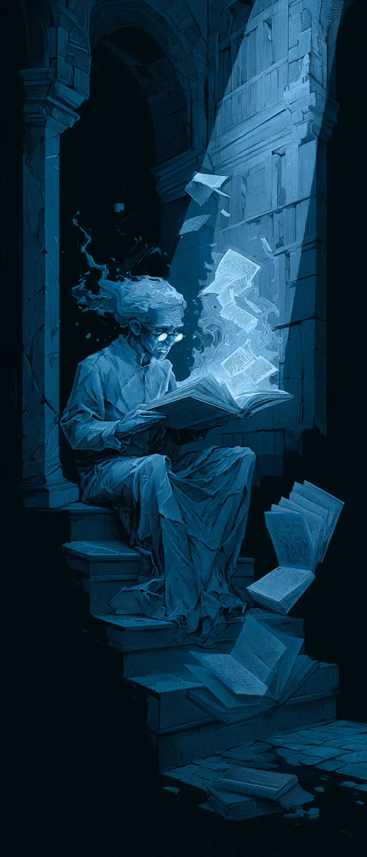 Ethereal scholar in a twilight library of floating books