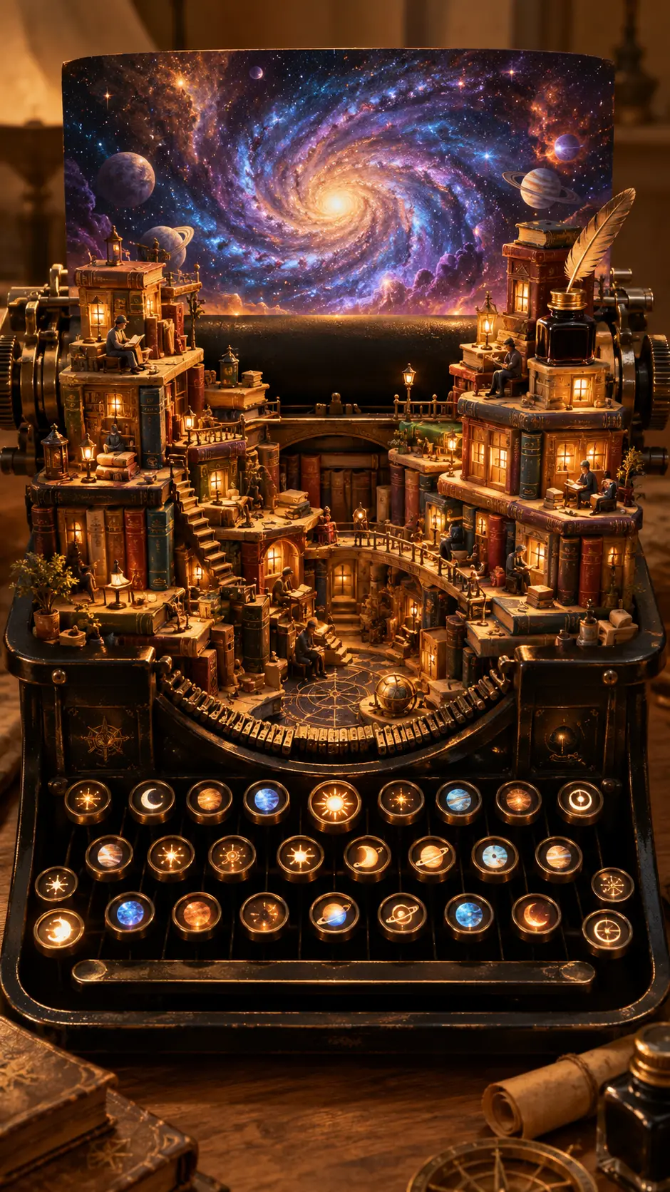 Cidade surreal de livros dentro de uma máquina de escrever vintage