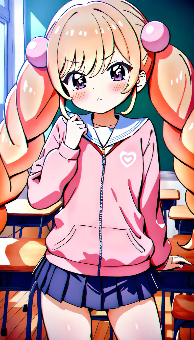 明るい学校の教室で遊ぶかわいいアニメ少女