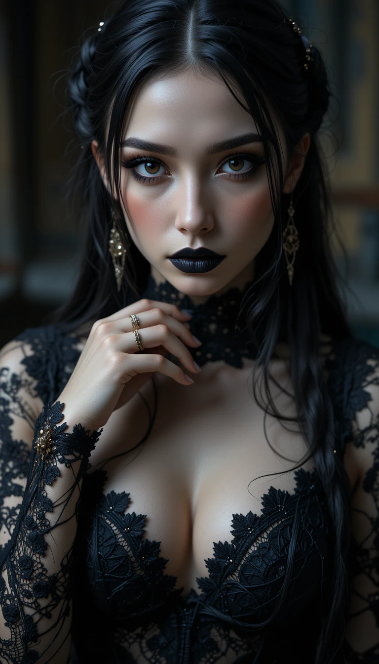 Retrato de mulher gótica com renda preta e olhar intenso