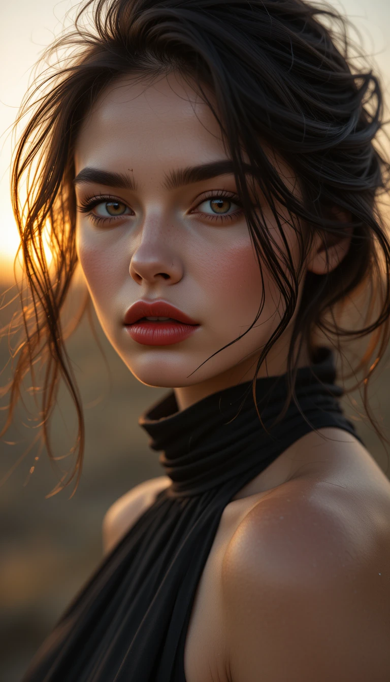 Cinematic close up portrait of a woman at sunrise