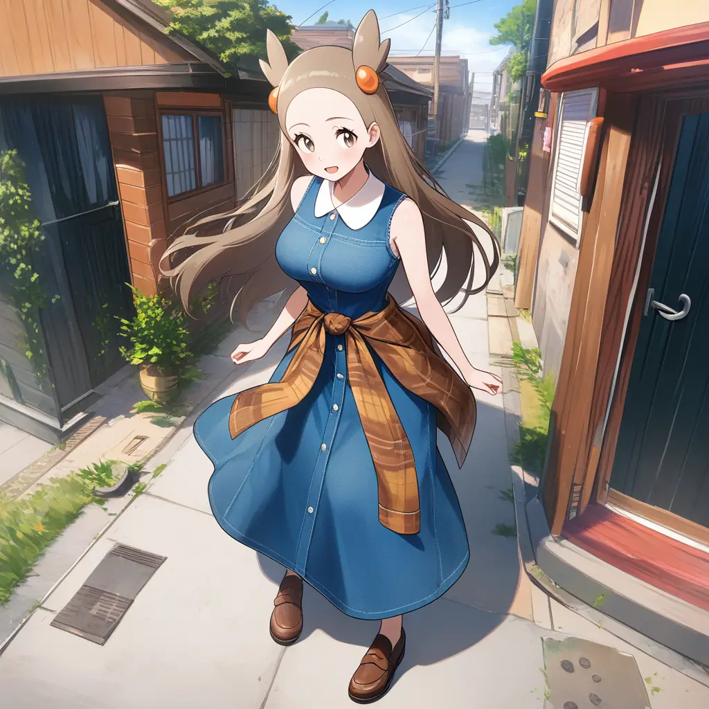 Anime girl in denim dress walking through a quiet neighborhood