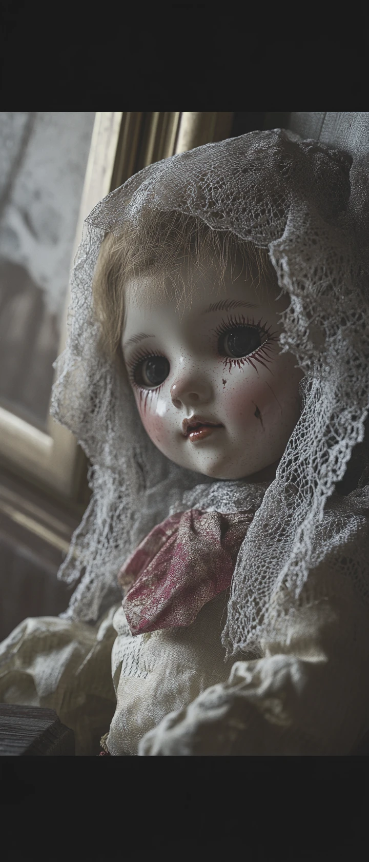 Boneca de porcelana antiga em uma penteadeira empoeirada no sótão