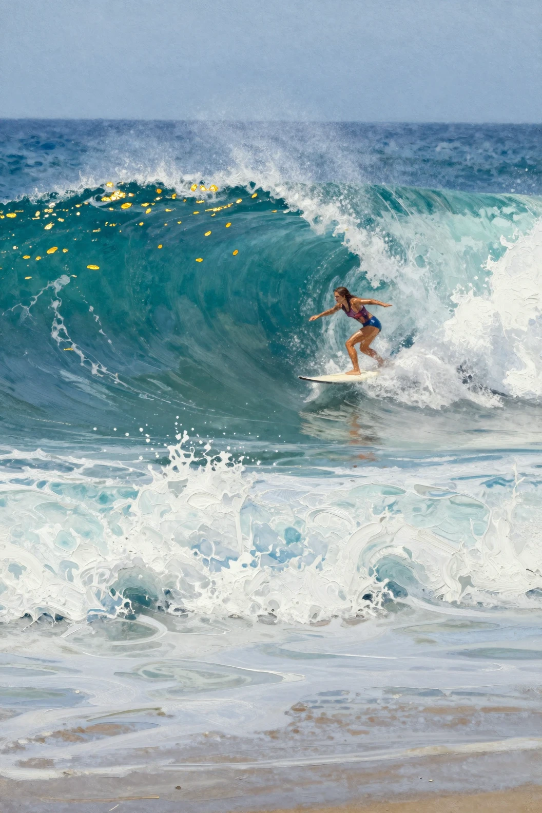 Surferin reitet eine tobende türkisfarbene Ozeanwelle in Impasto