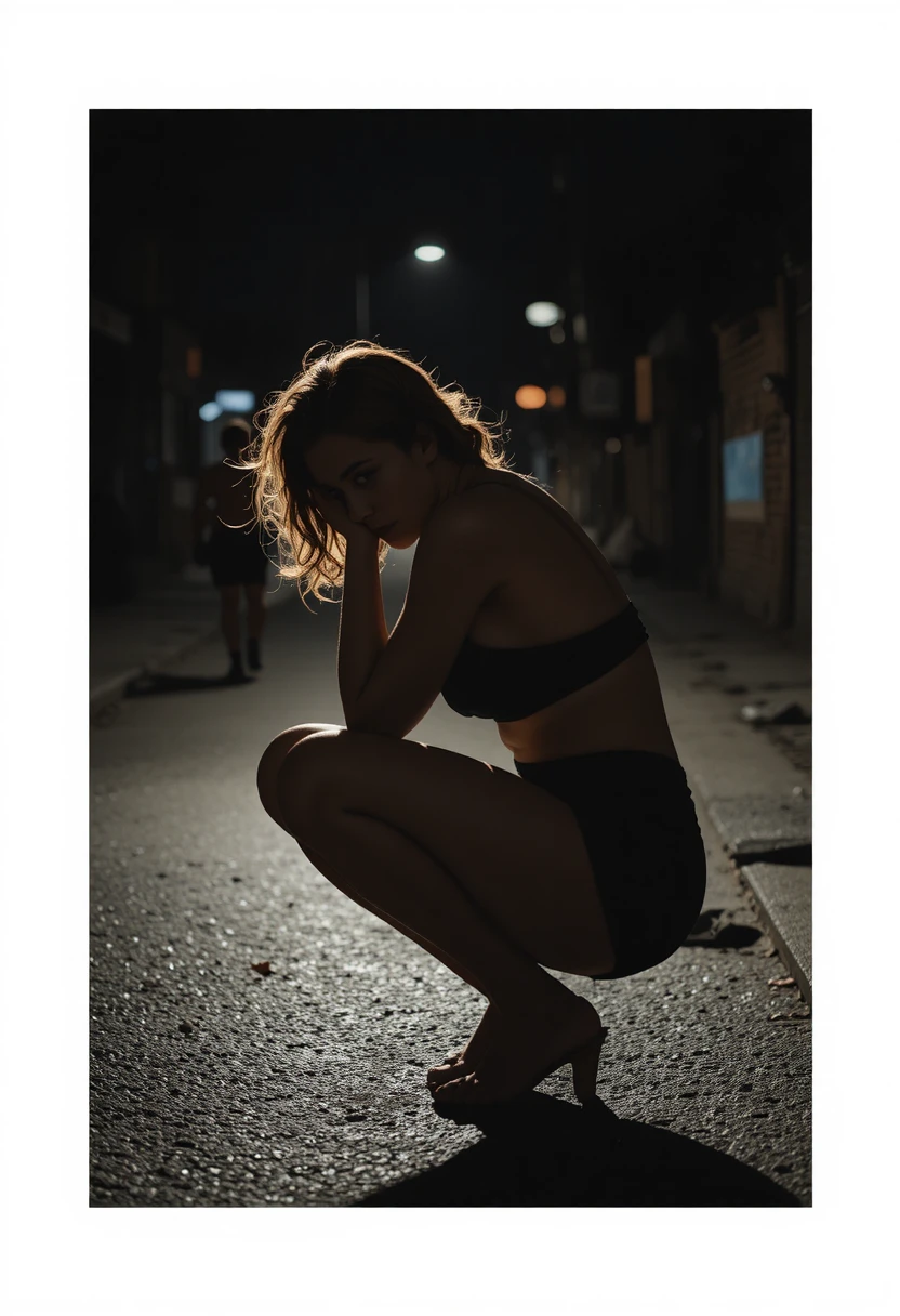 Woman crouching alone on a dark backlit night street