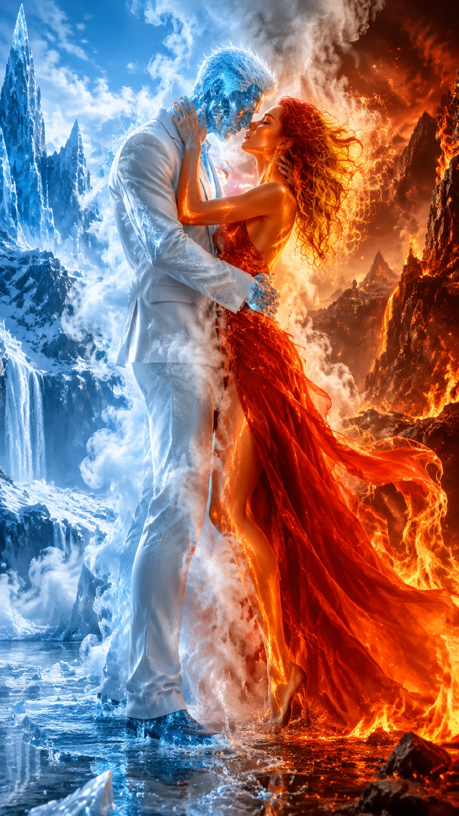 Ice and fire lovers in a dramatic elemental embrace