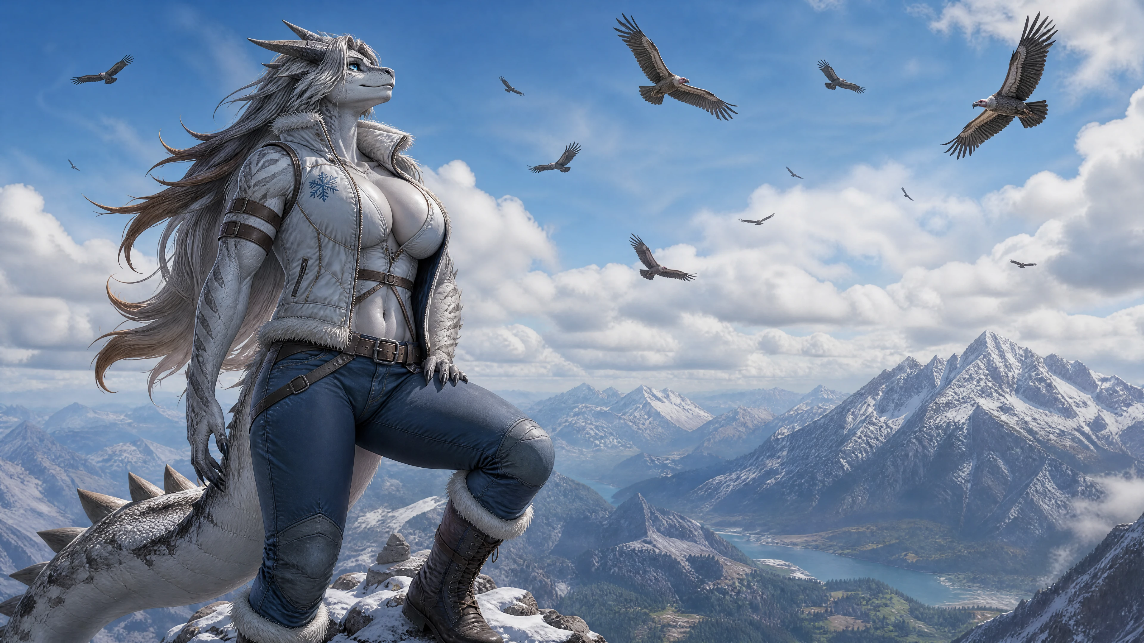 Mulher de fantasia observa abutres sobre o pico de uma montanha