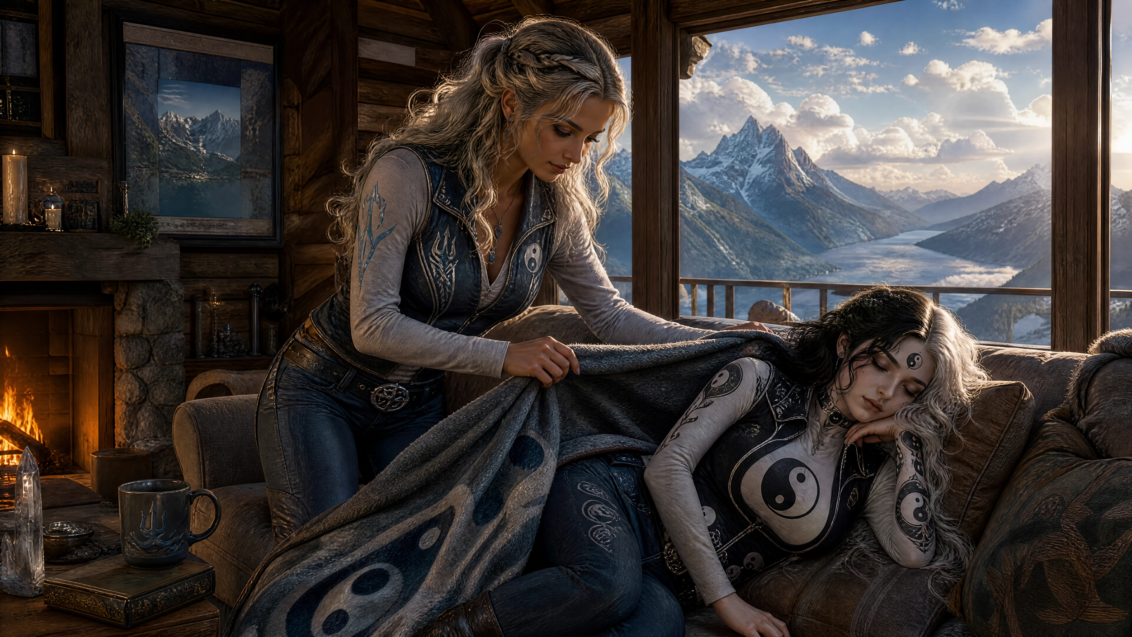 Woman sleeping on a couch in a cozy mountain cabin