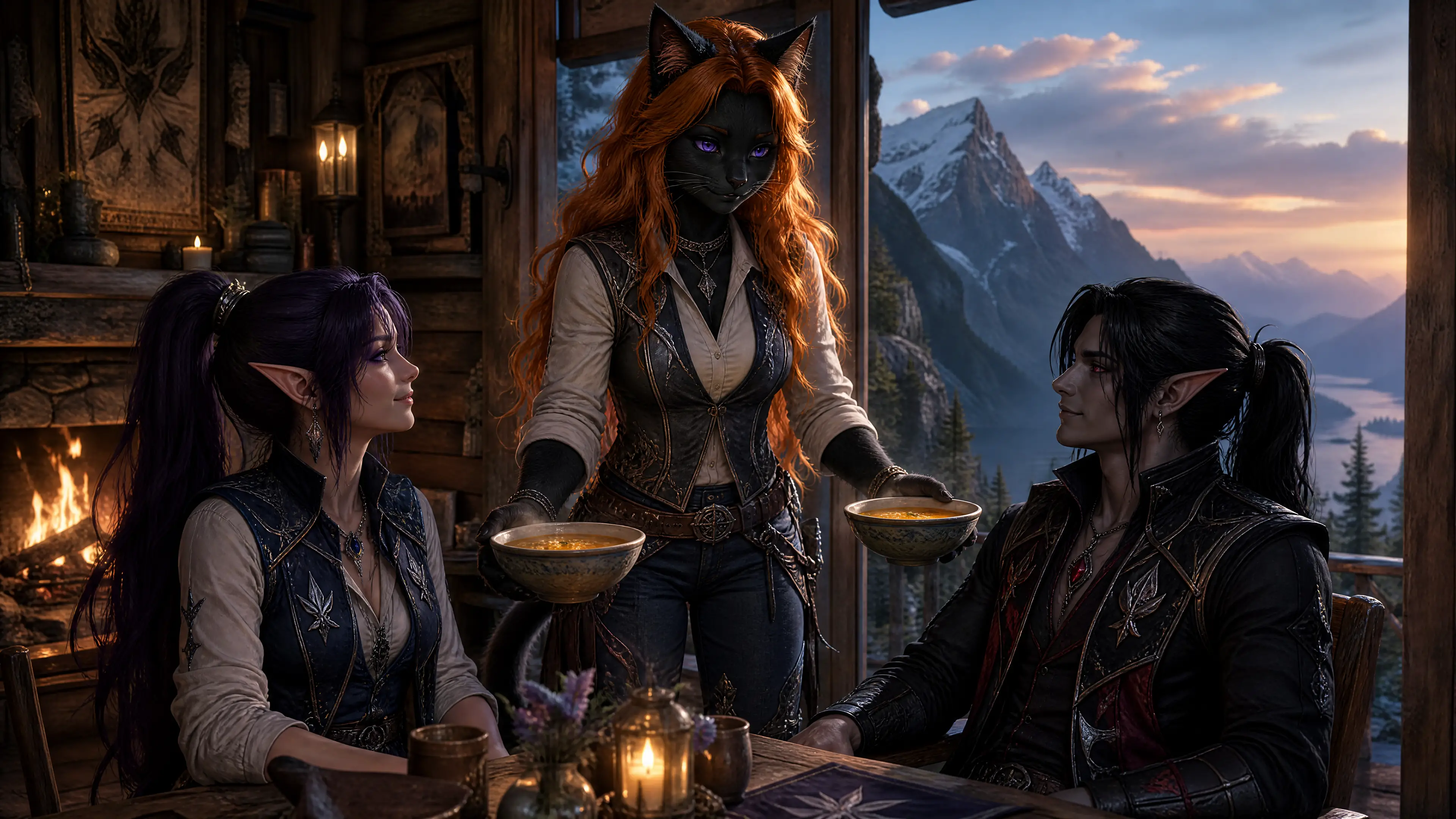 Anthro cat woman sharing warm soup in mountain cabin