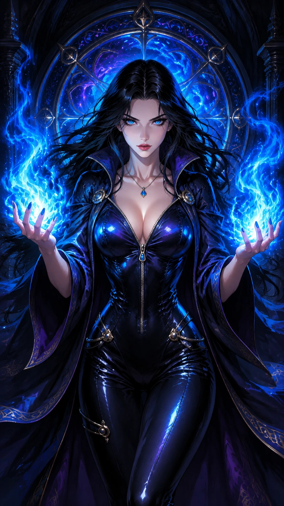 Sorceress Casting Blue Fire In A Dark Arcane Chamber