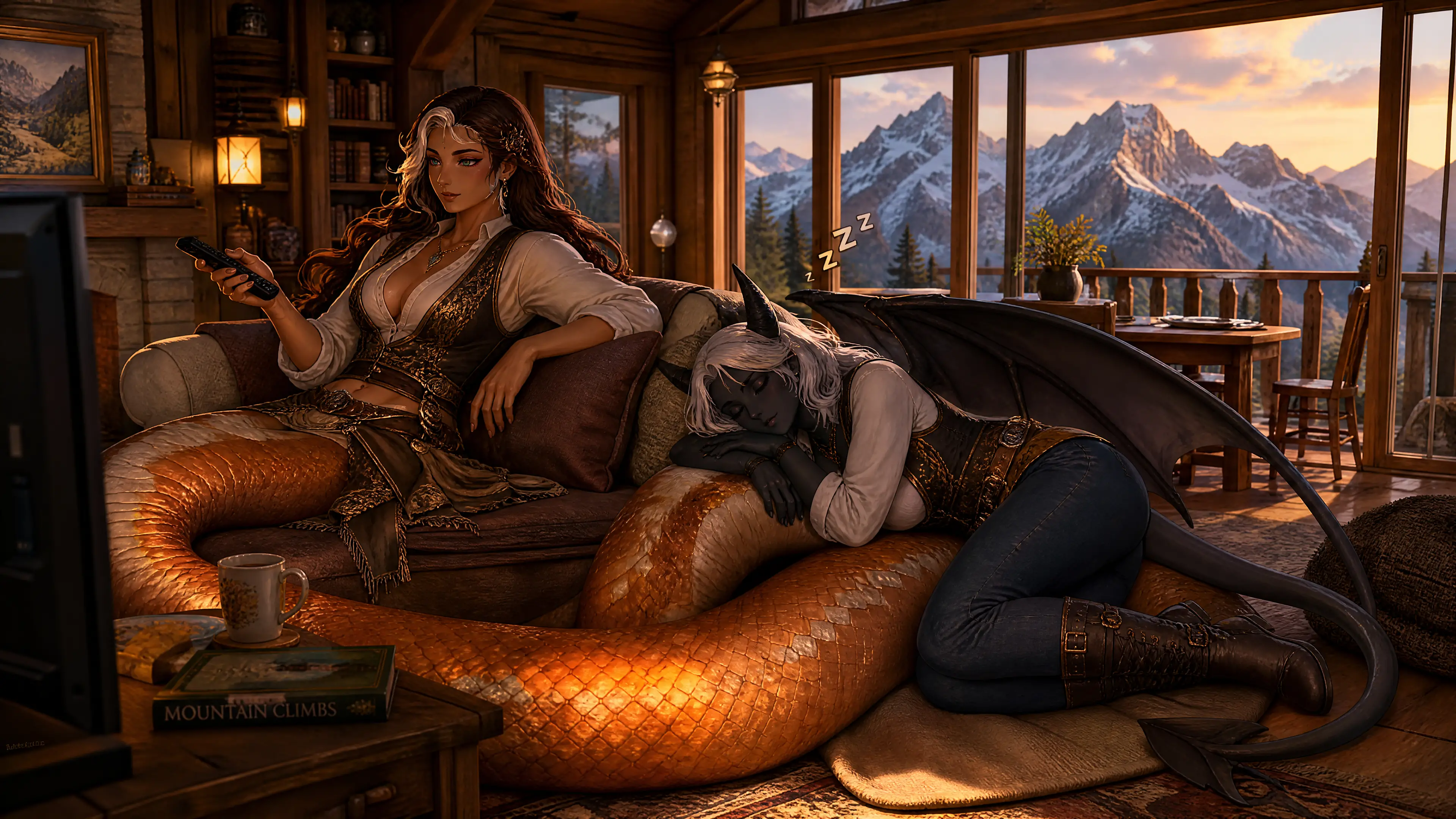 Fantasy naga woman relaxing on a couch in mountain cabin