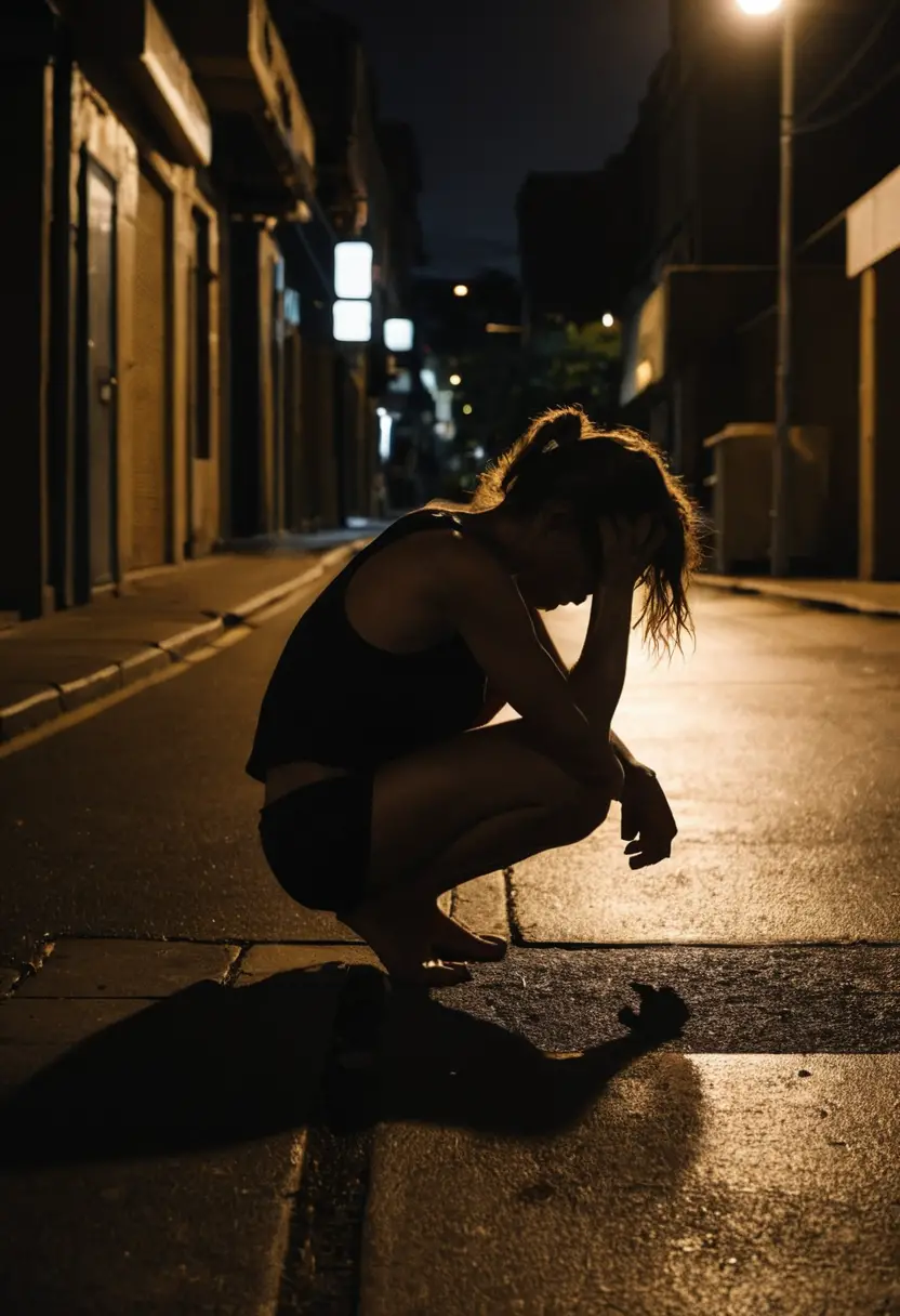Woman crouching barefoot on a dark city street at night