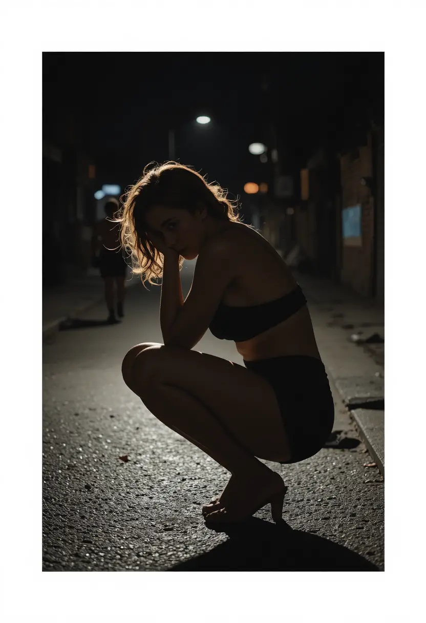 Woman crouching alone on a dark backlit night street