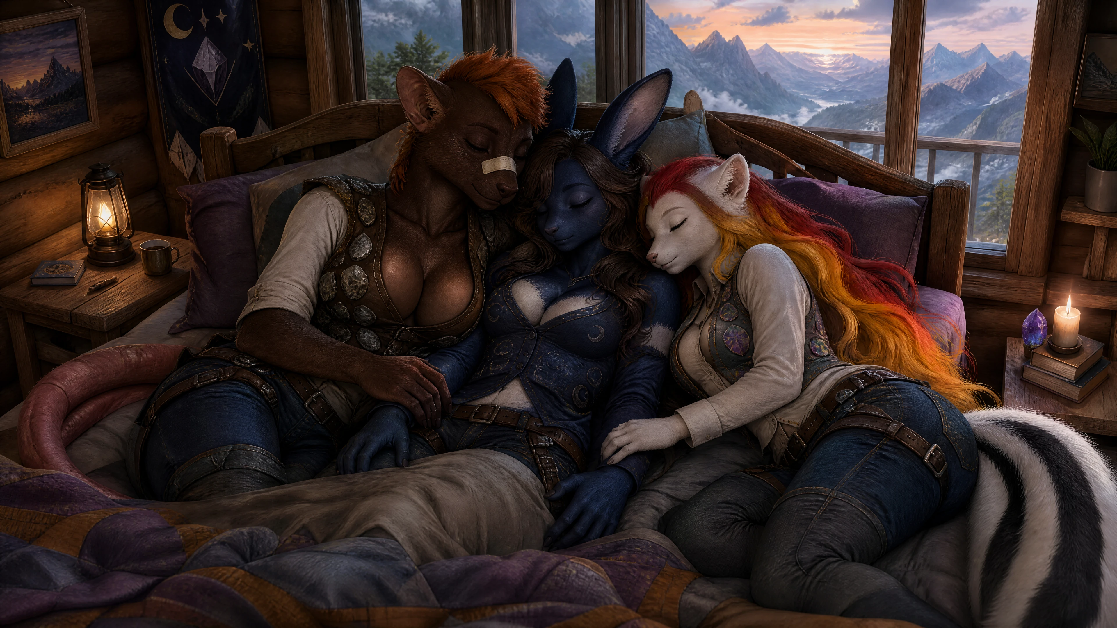 Amantes anthro durmiendo juntos en una acogedora cama de cabaña