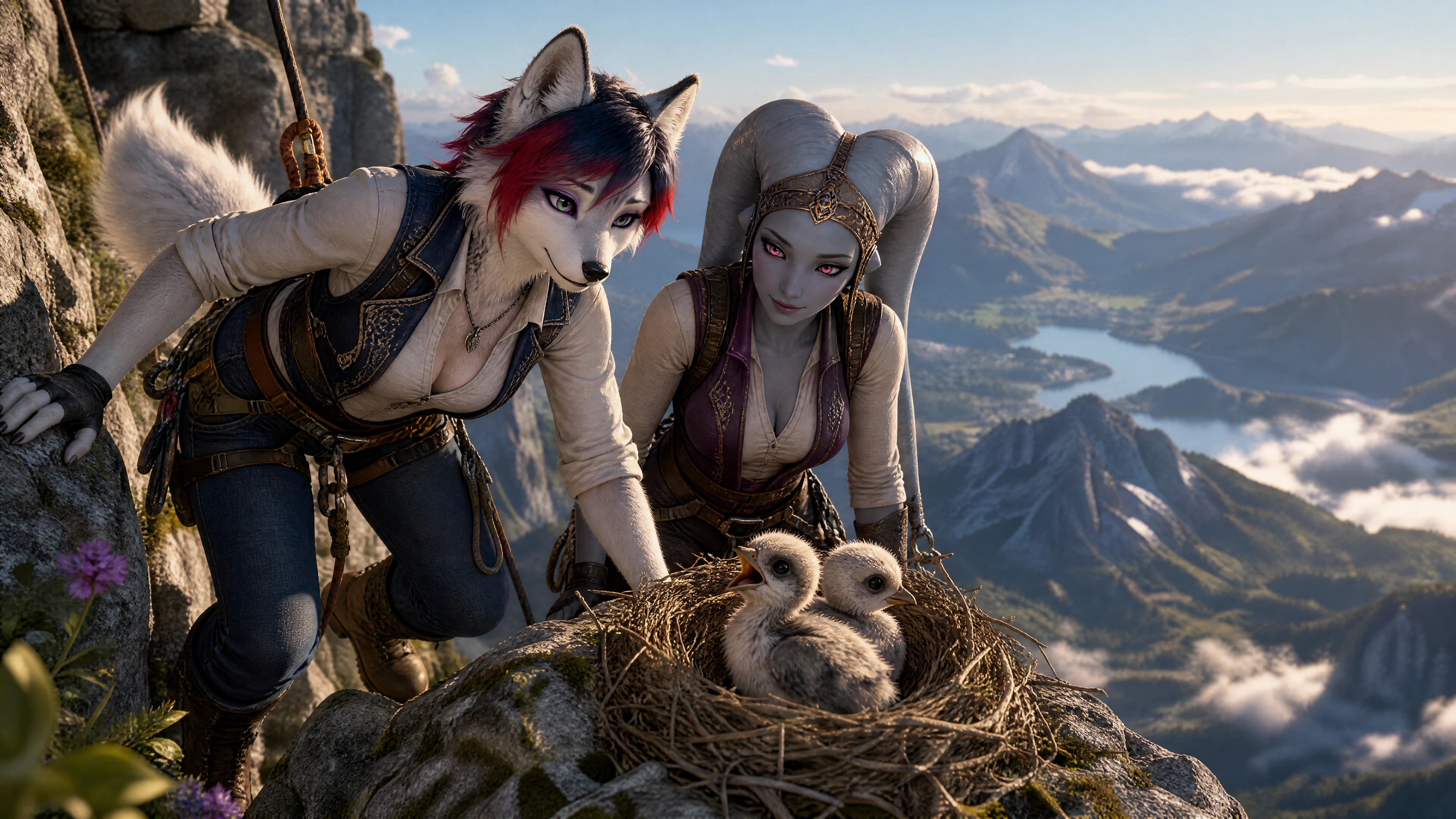 Due donne fantasy che scalano una montagna verso un nido di falco