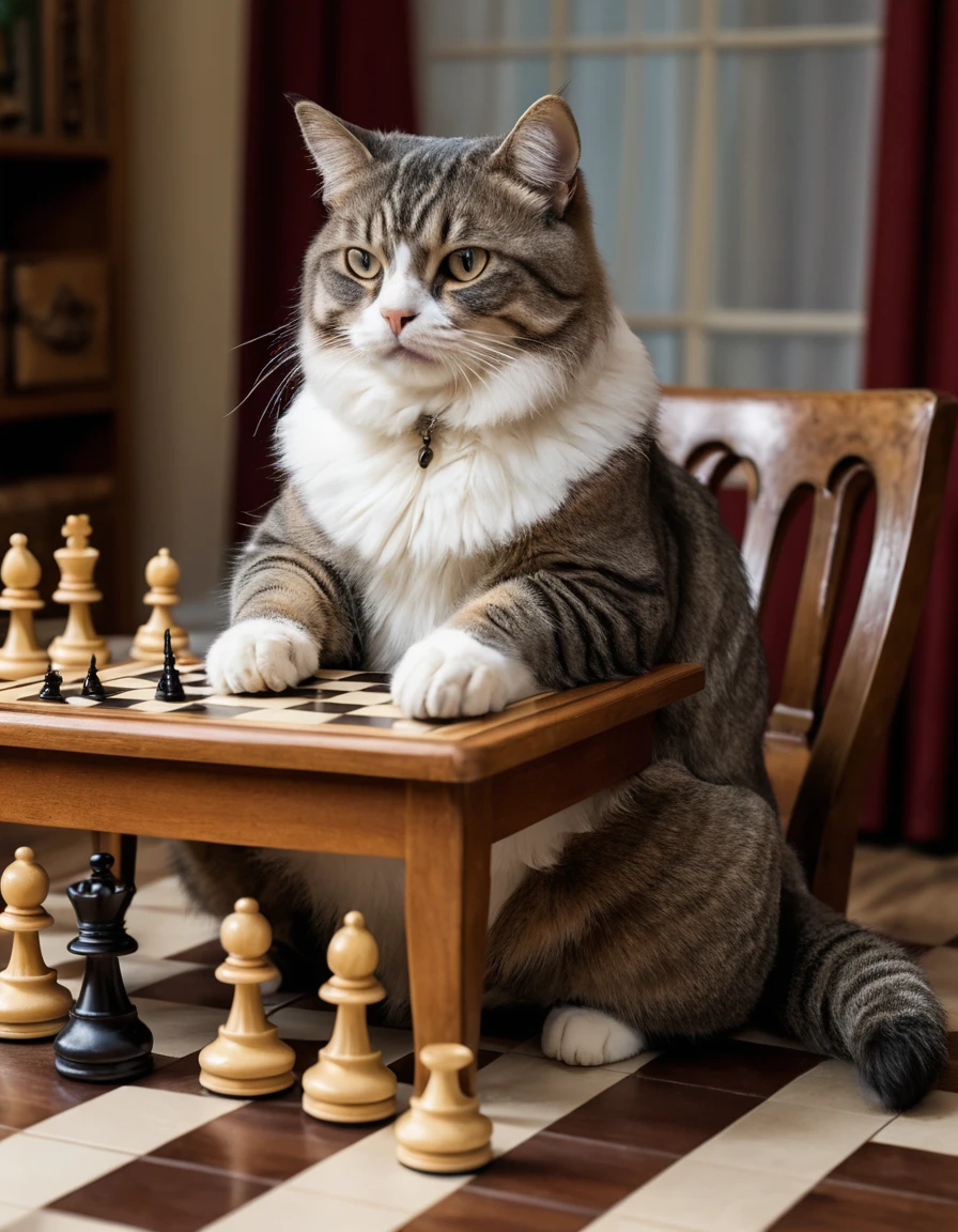Gatto antropomorfo che riflette sulla sua prossima mossa a scacchi