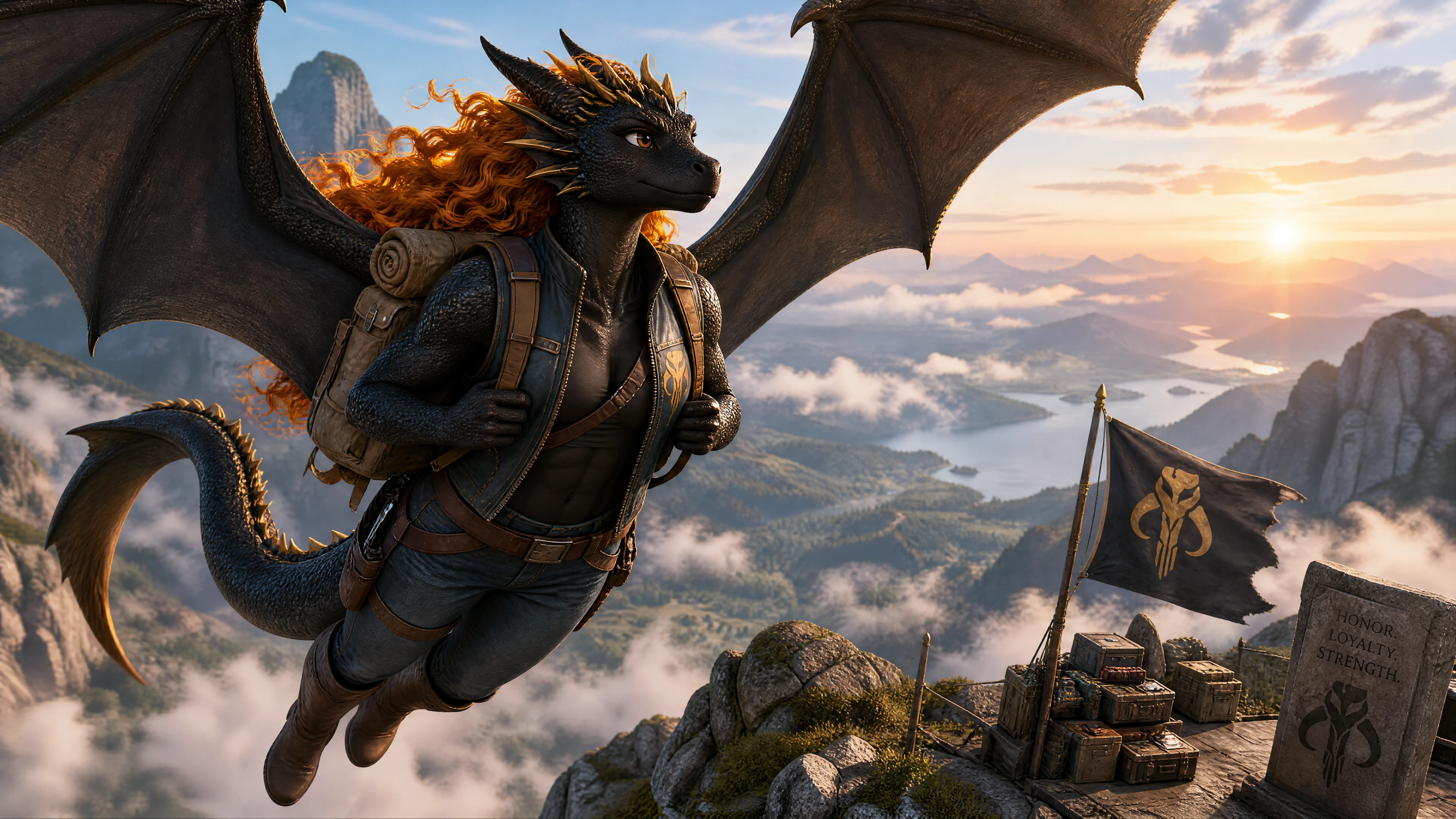 Guerrera dragón alada volando sobre la cima de la montaña