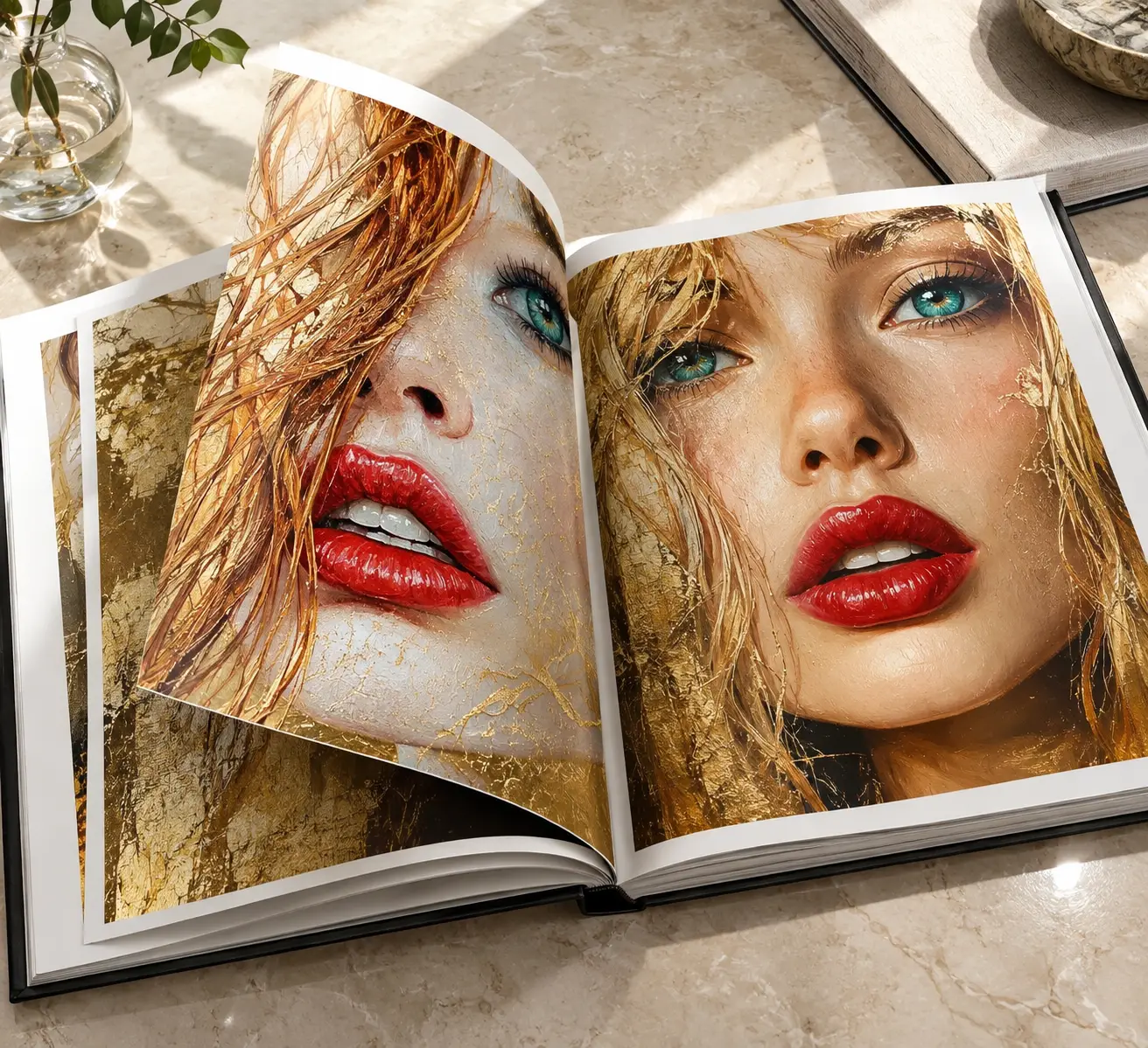 Luxuriöse Fashion-Porträtfotografie in einem geöffneten Coffeetable-Buch