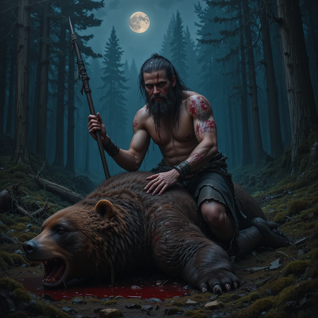 Wounded warrior kneeling over a fallen bear in moonlit forest
