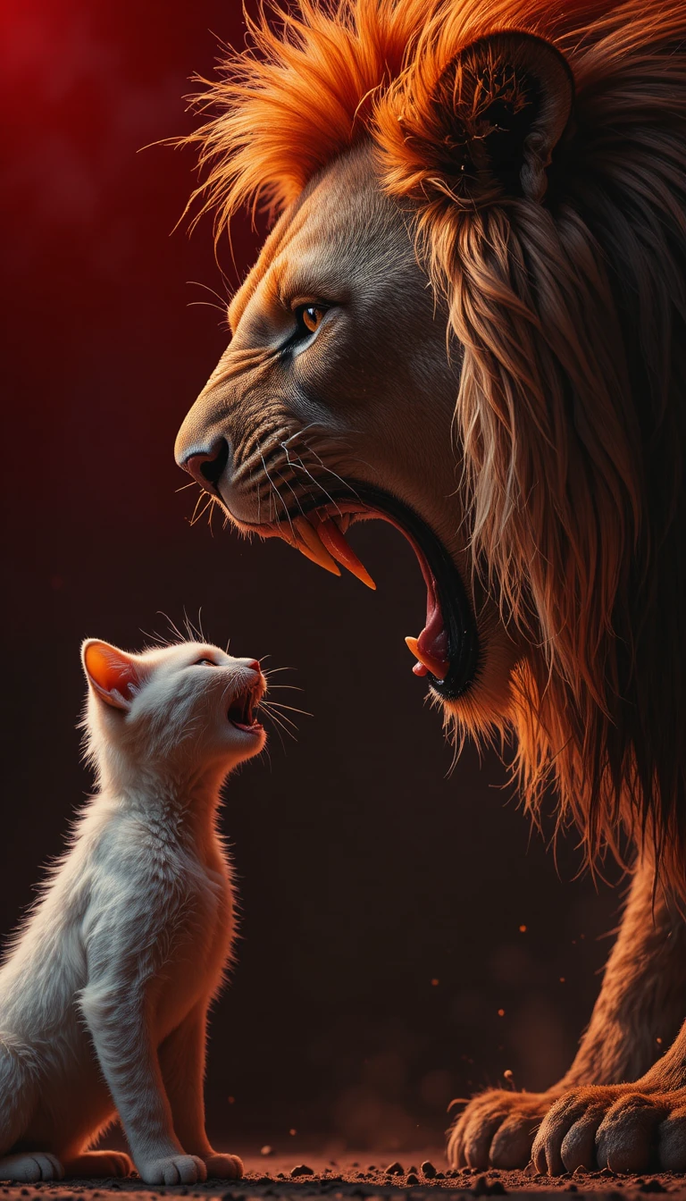 Gato irritado confrontando leão rugindo em estúdio vermelho dramático