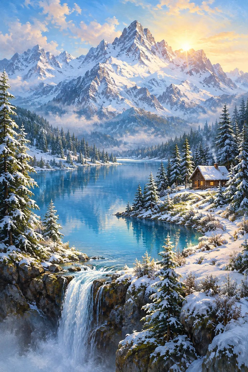 Snowy Mountain Lake With Cabin In Morning Sunlight