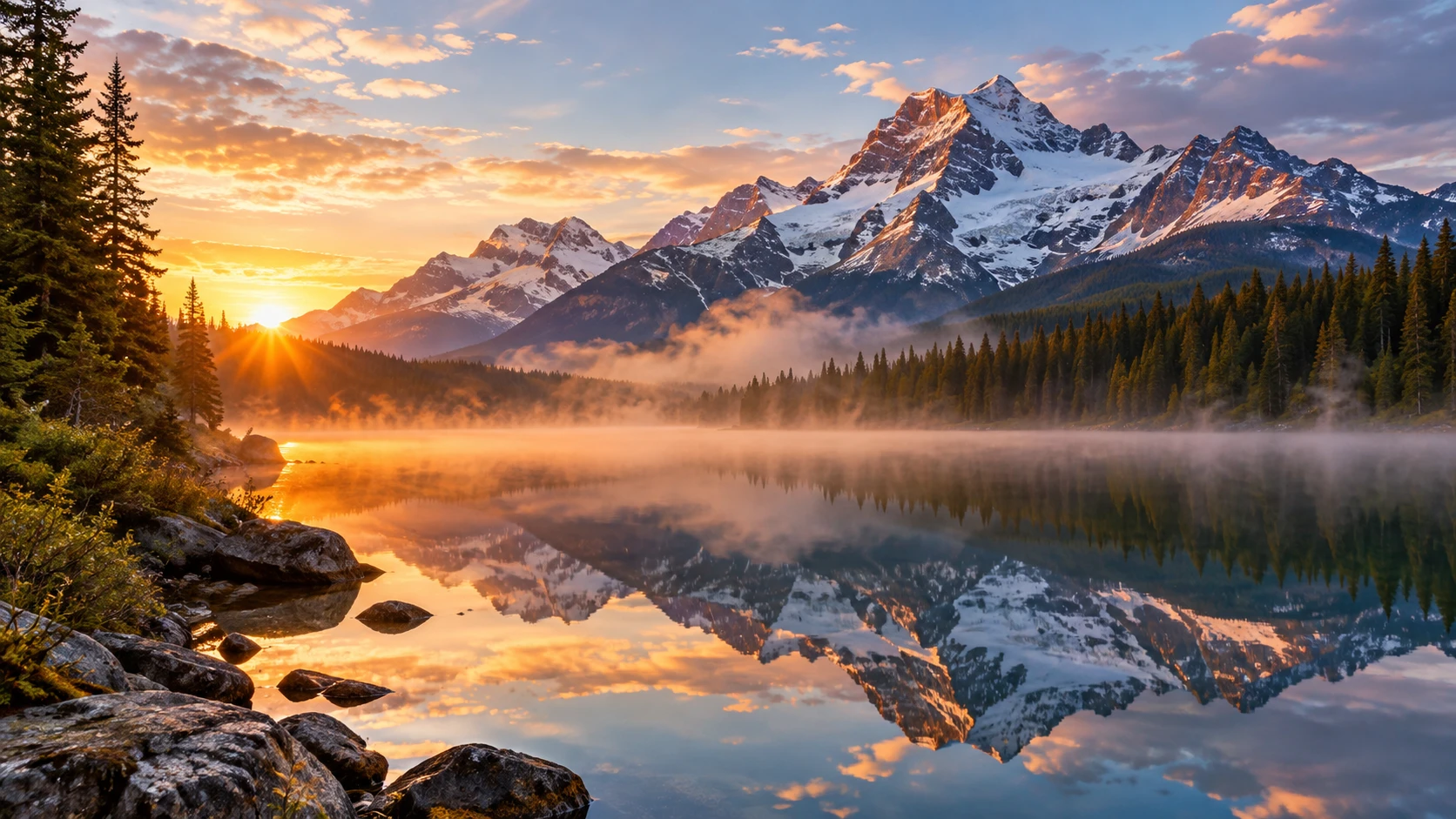 Stiller Bergsee mit Sonnenaufgangsreflexionen und Nebel