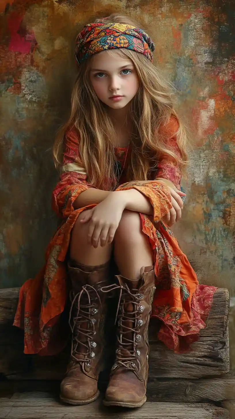 Bohemian girl in orange dress sitting on wooden surface