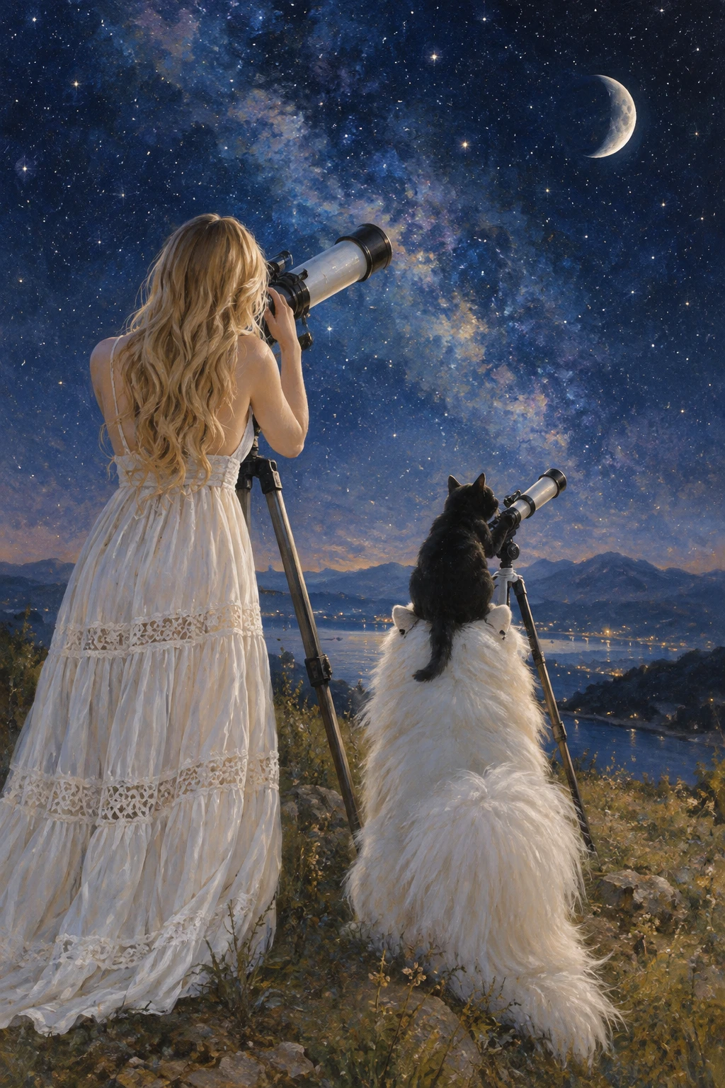 Mulher de vestido branco observando as estrelas com um telescópio à noite