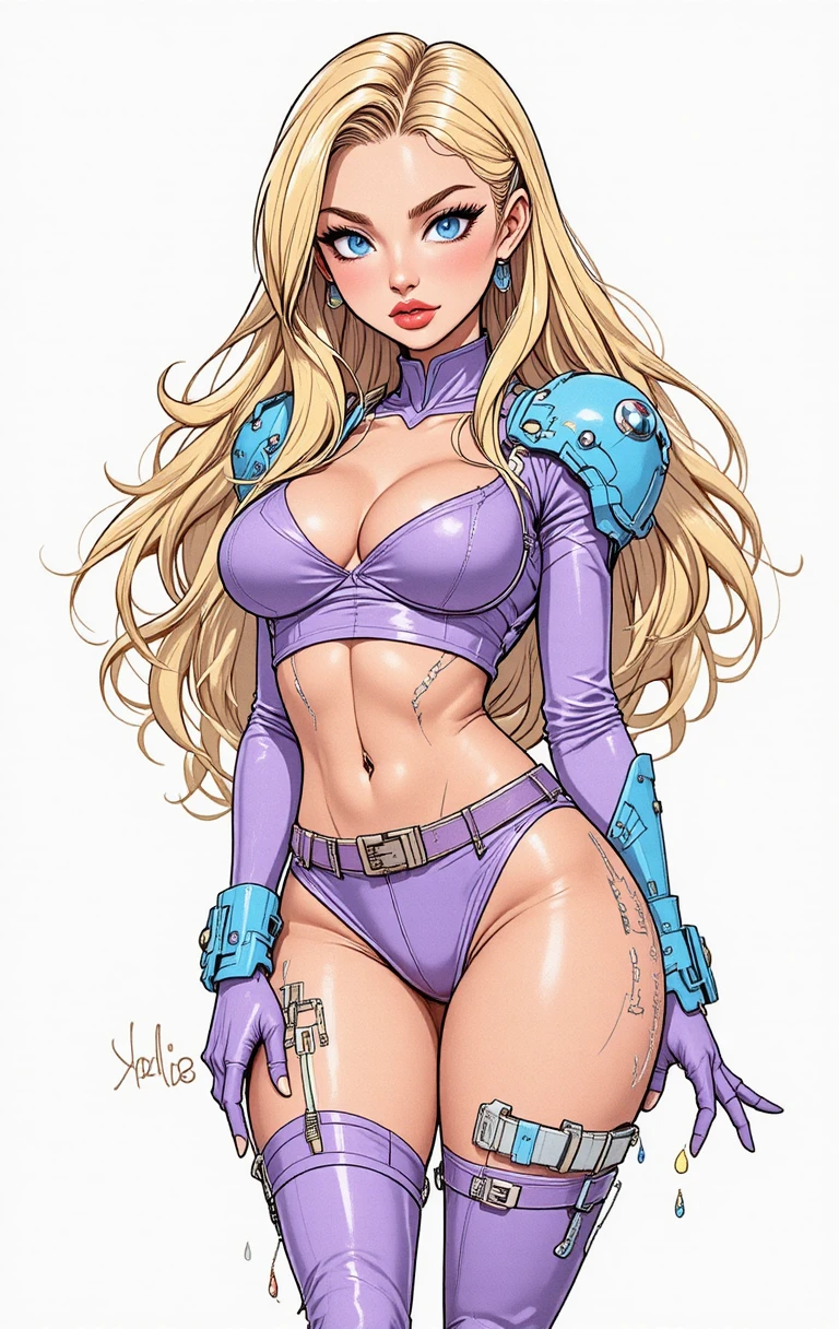 Mulher de anime confiante em pose com traje futurista lavanda