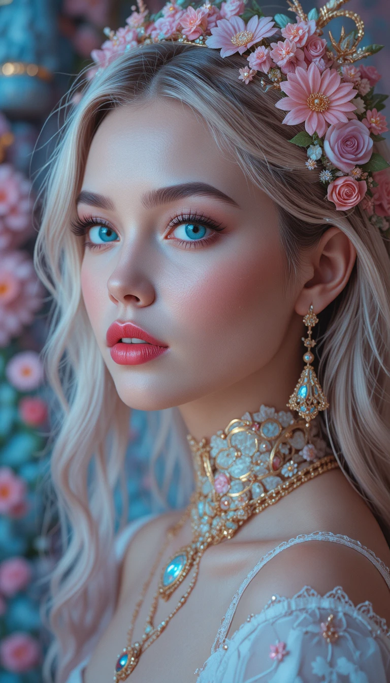 Mulher bonita em paisagem fantástica surreal em tons pastéis