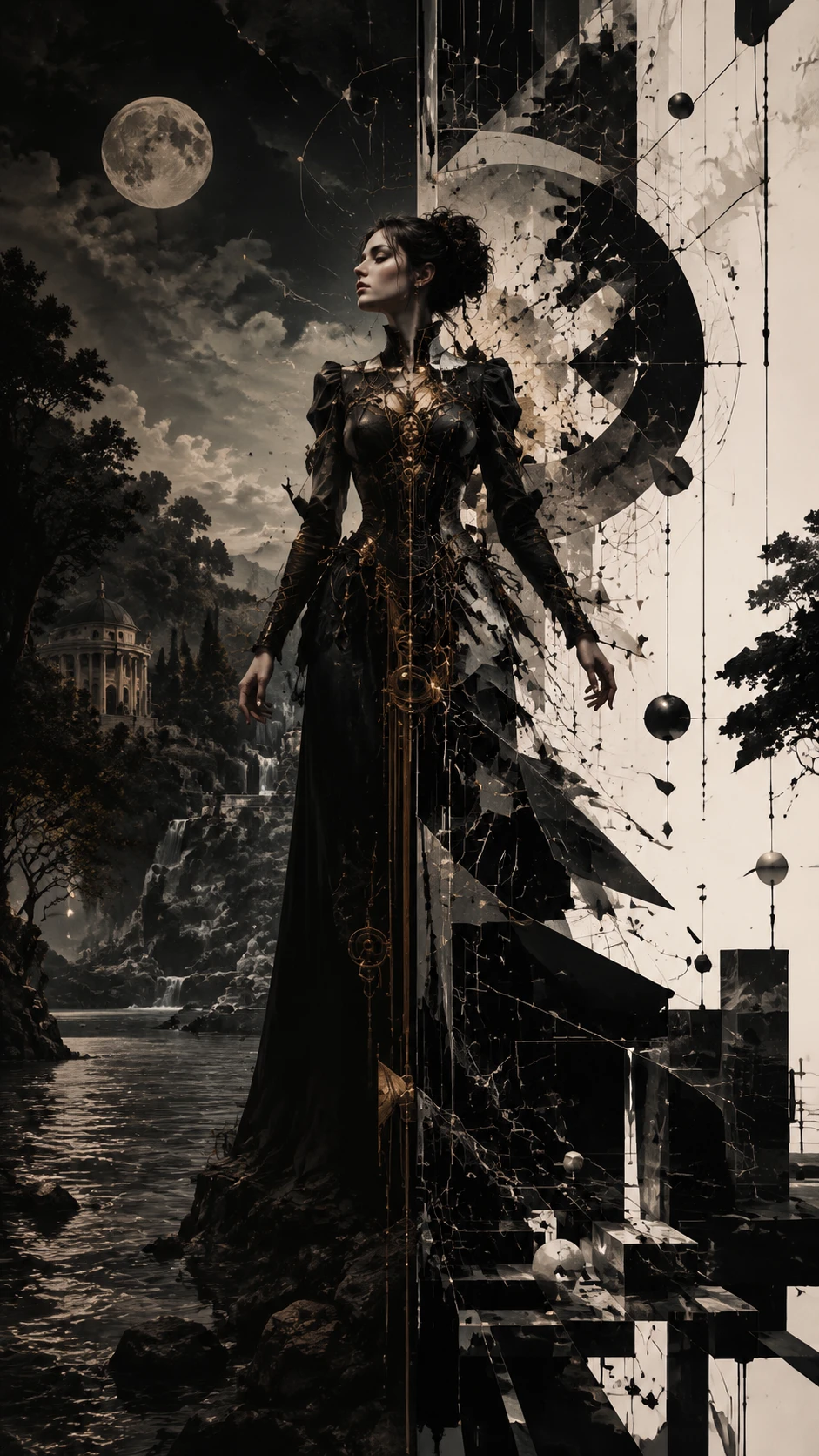 Mulher elegante conectando a realidade ao luar e o universo abstrato