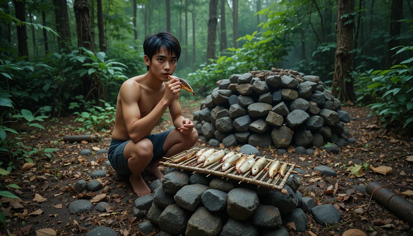 Jovem comendo peixe assado em acampamento na floresta