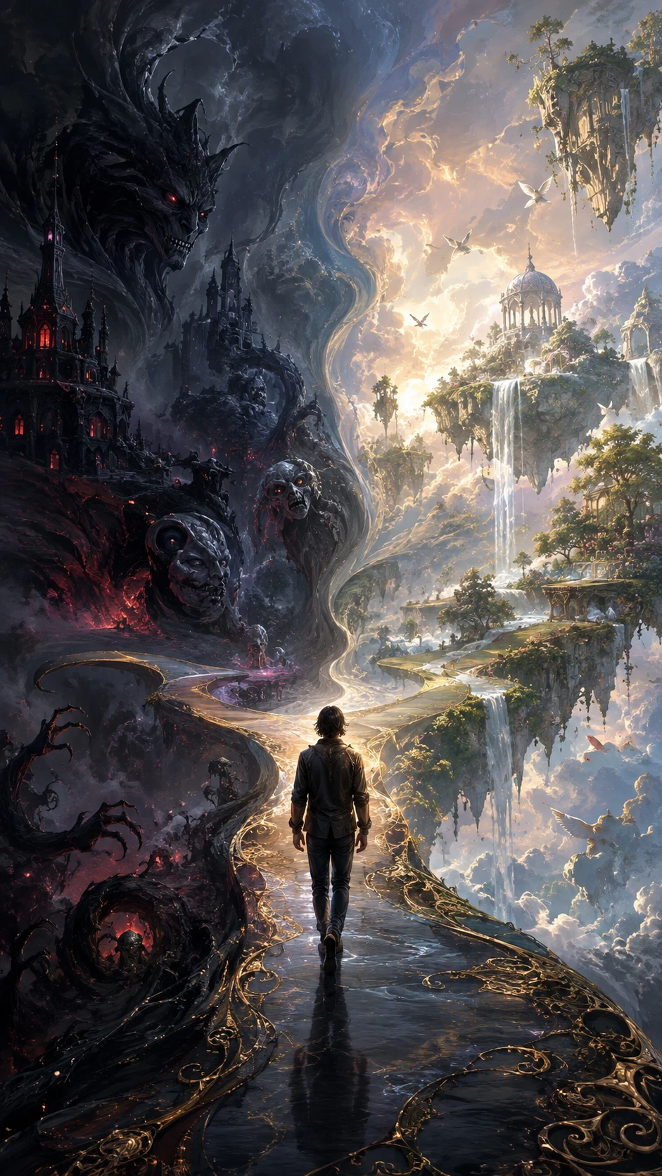 Lone figure walking along a path between two dream worlds